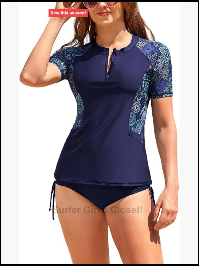 Short Sleeve Rash Guard Crew Neck Paisley Swimsuit Top With Pockets